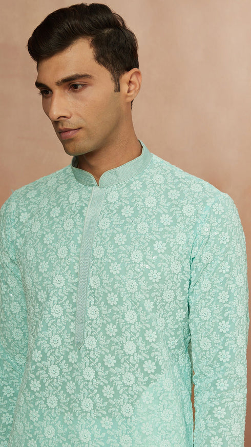 Manyavar Seafoam Green Chikankari Kurta Pajama