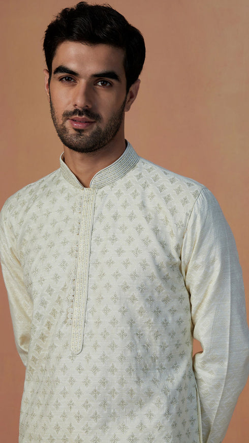 Manyavar White Self Design Kurta Pajama