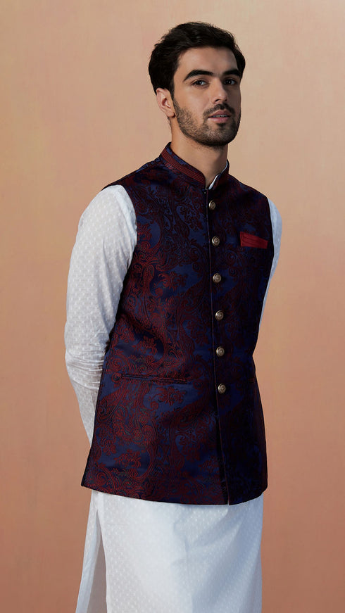 Manyavar Maroon And Blue Contrast Jacket