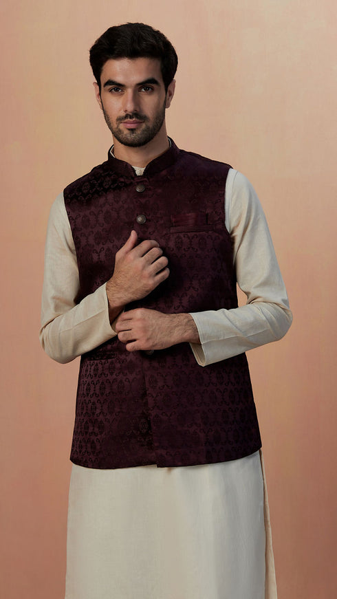 Manyavar Wine Self Design Jacket