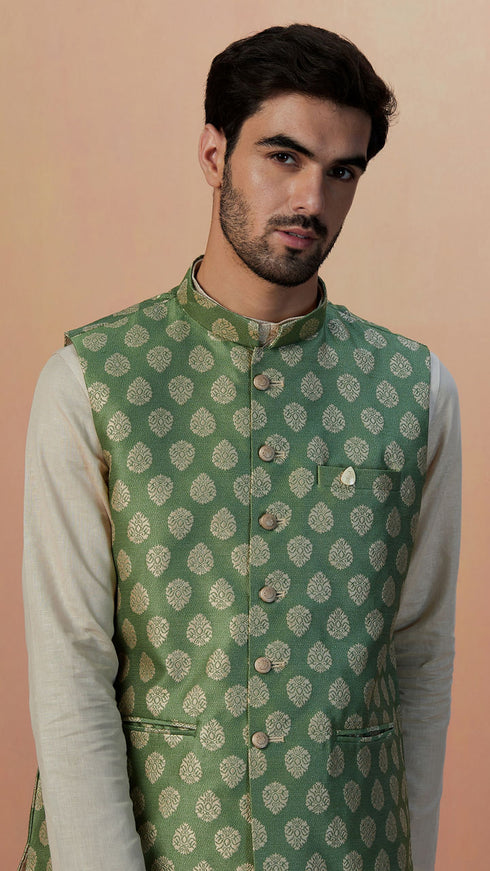Manyavar Sage Green Jacket With Golden Motifs