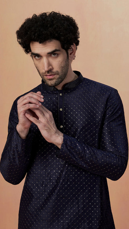 Manyavar Dark Blue Sequins Embroidered Kurta Pajama