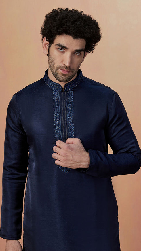 Manyavar Navy Blue Self Booti Kurta Pajama
