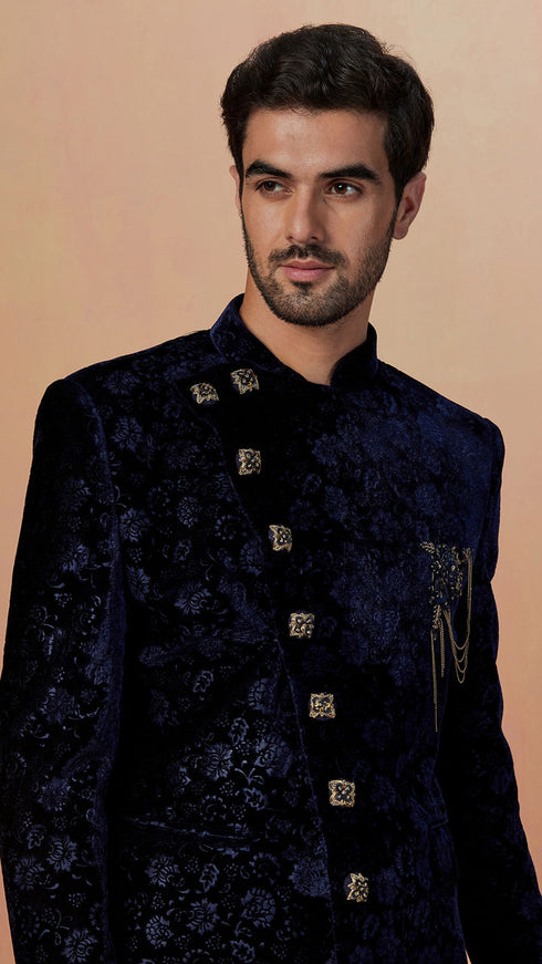 Manyavar Blue Floral Bandhgala Indo Western