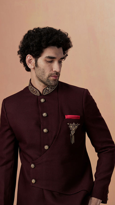 Manyavar Wine Self Design Bandhagala Indo Western