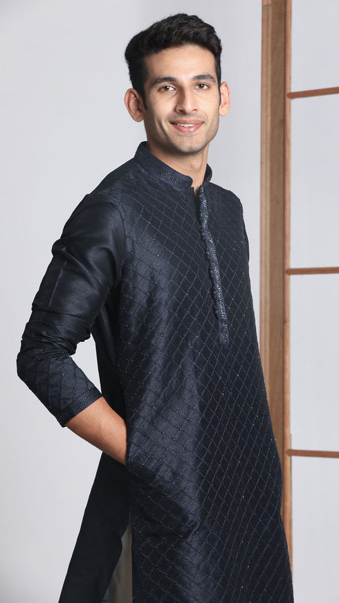 Manyavar Navy Blue Self Design Kurta Pajama
