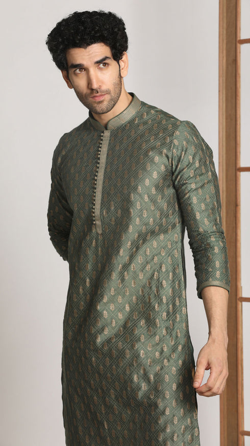 Manyavar Bottle Green Festive Kurta With Golden Motifs