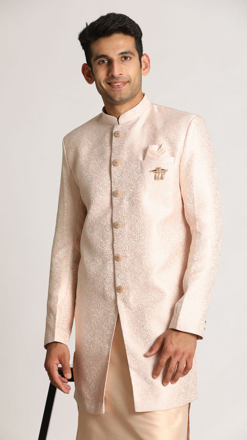 Manyavar Pastel Pink Self Design Indo Western