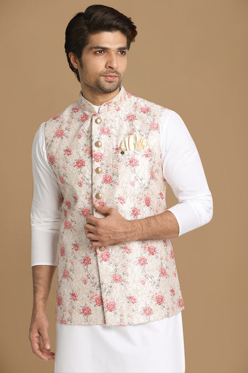 Manyavar Beige Jacket With Pink Floral Motifs
