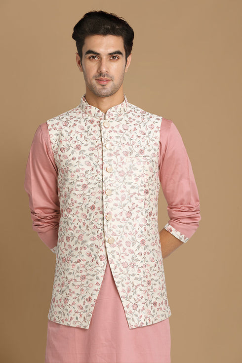 Manyavar Cream And Pink Kurta Jacket Set