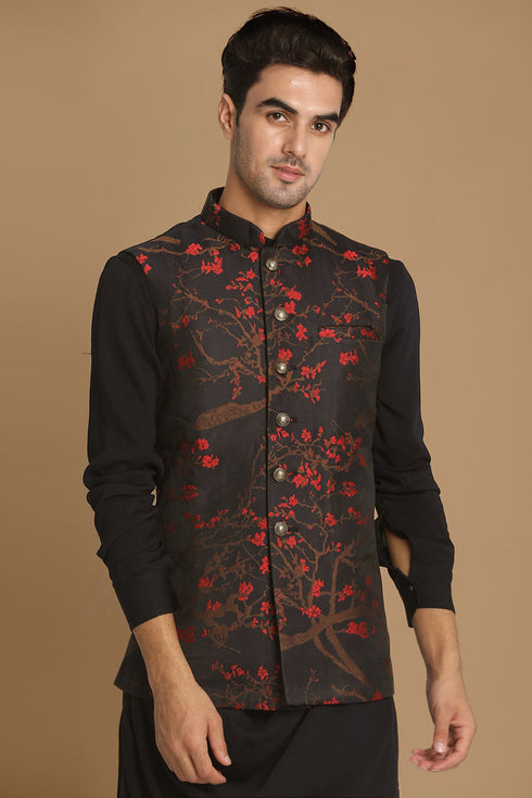 Manyavar Dark Blue Cherry Blossom Kurta Jacket