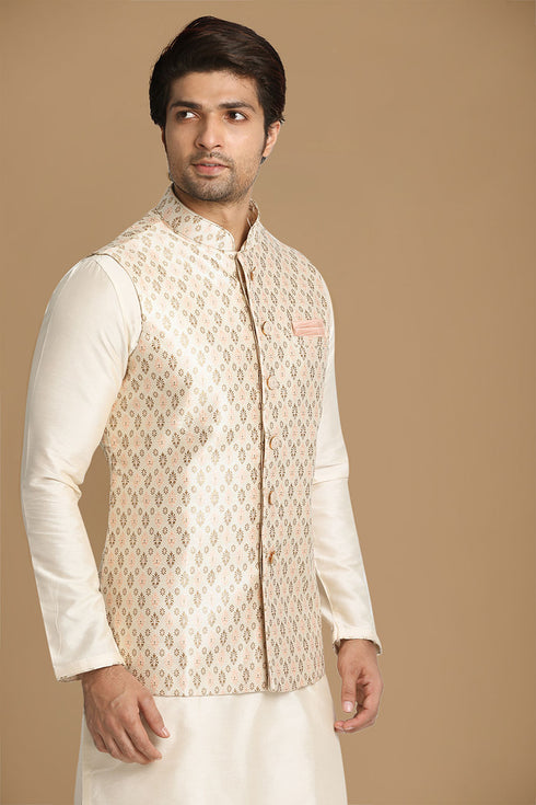 Manyavar Ivory Festive Kurta Jacket With Printed Motifs
