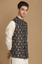 Manyavar Floral Print Blue Jacket With White Kurta Pajama