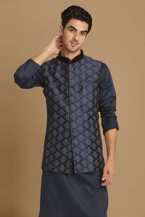 Manyavar Denim Blue Festive Kurta Jacket With White Pajama