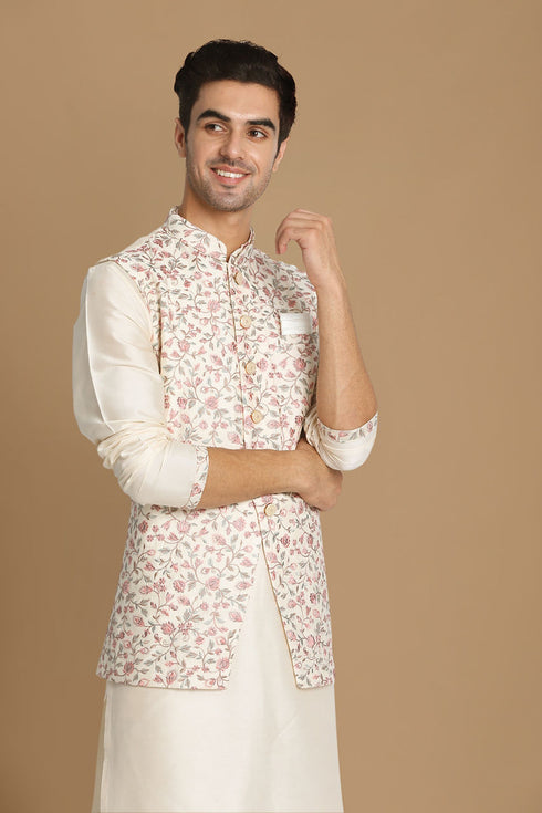 Manyavar Classic Floral Print Jacket Kurta Set