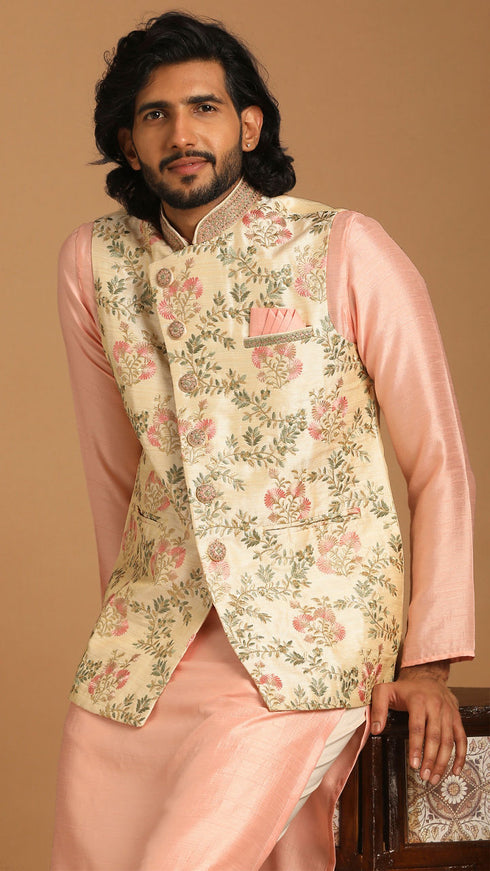 Manyavar Beige And Pink Floral Kurta Jacket