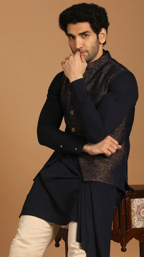 Manyavar Blue Draped Kurta Jacket Set
