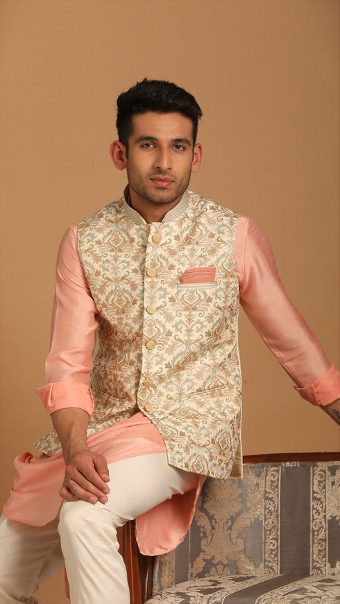 Manyavar Cream And Gajaree Kurta Jacket Set