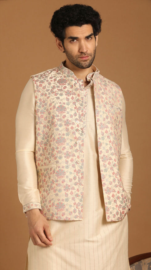 Manyavar Cream Floral Print Festive Kurta Jacket Set