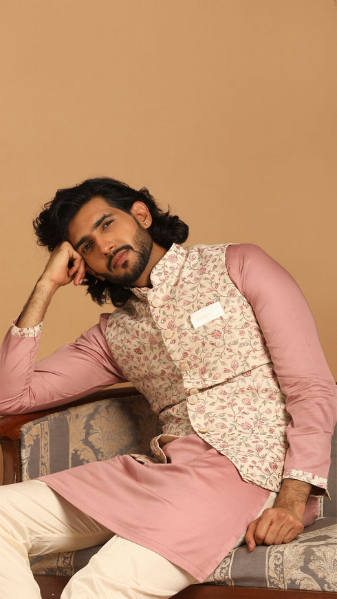 Manyavar Self Design Cream Kurta Jacket Set