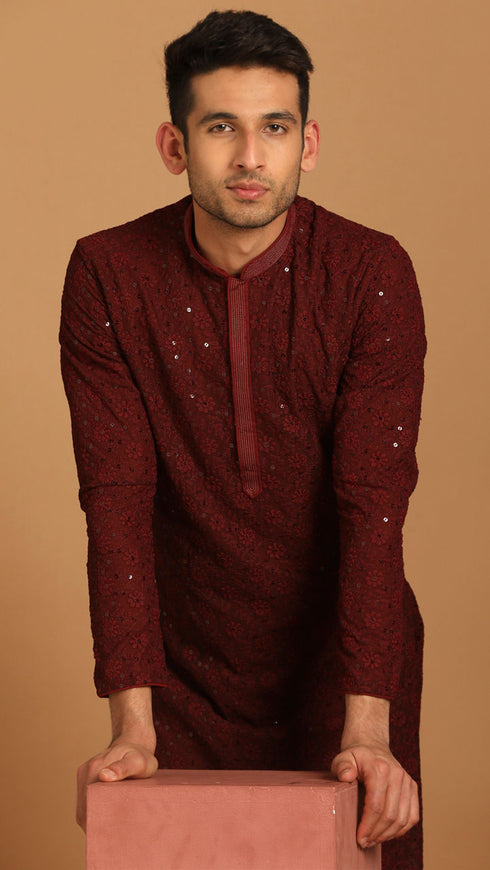 Manyavar Maroon Georgette Kurta Set