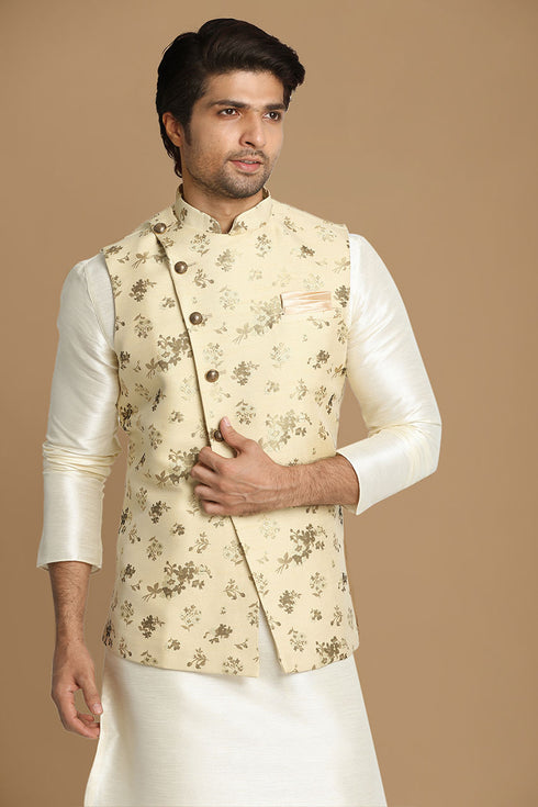 Manyavar Biege Floral Print Kurta Jacket Set
