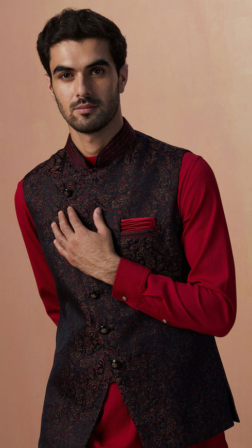 Manyavar Black Paisley Jacket With Red Draped Kurta Set