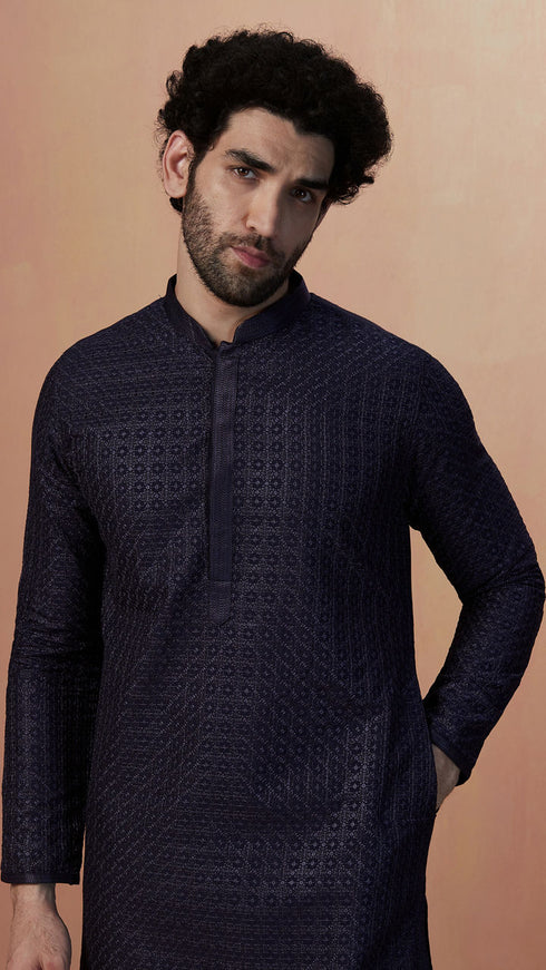 Manyavar Royal Blue Self Embroidered Kurta Pajama