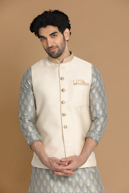 Manyavar Sea Shell White Self Design Modi Jacket