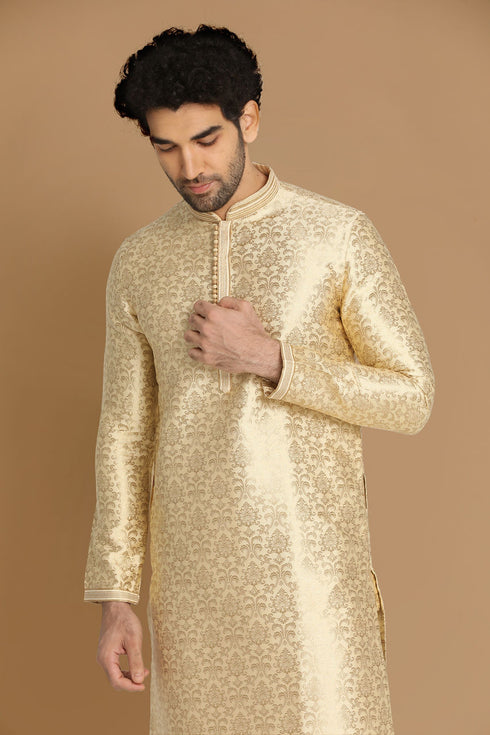 Manyavar Beige Jacquard Kurta Set