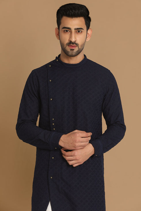 Manyavar Navy Blue Side Open Kurta Pajama