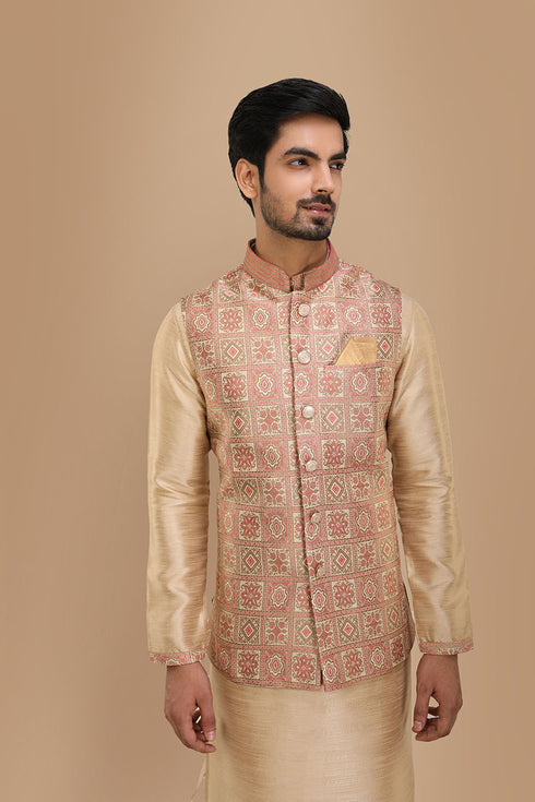 Manyavar Block Print Jacket With Beige Kurta Set