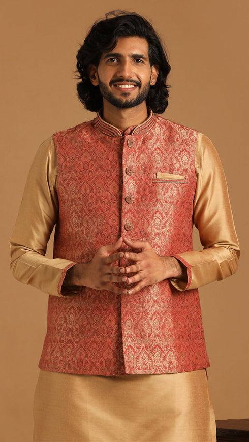 Manyavar Rust And Gold Kurta Jacket Set