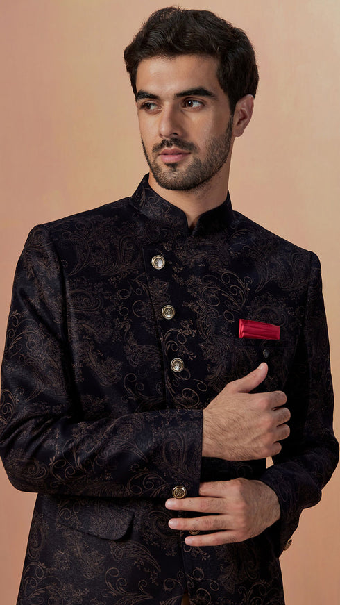 Manyavar Dark Blue Self Design Bandhgala Indo Western