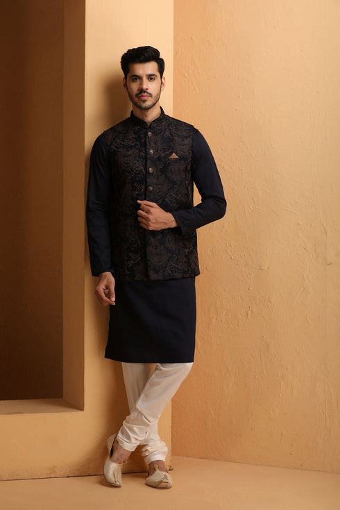 Manyavar Dark Blue Floral Design Kurta Jacket Set