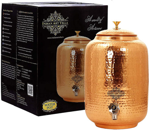 Indian Art Villa Hammered Copper Water Dispenser Container Pot Matka