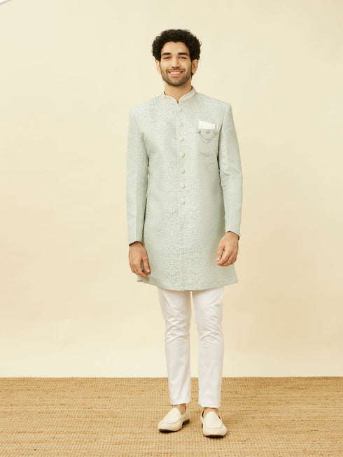 Manyavar Tropical Blue Medallion Patterned Indo Western Set