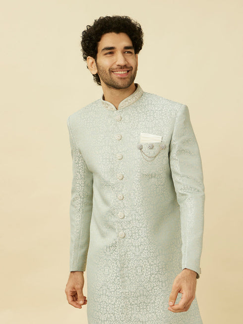 Manyavar Tropical Blue Medallion Patterned Indo Western Set