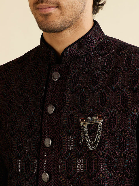 Manyavar Wine Honeycomb Patterned Sequinned Indo western Set