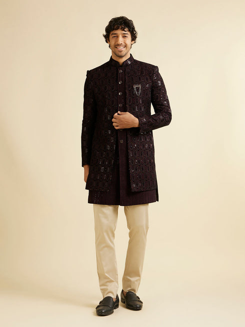 Manyavar Wine Honeycomb Patterned Sequinned Indo western Set