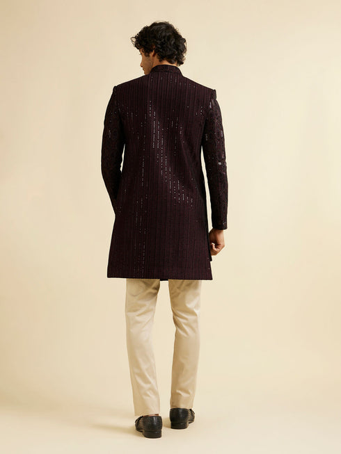 Manyavar Wine Honeycomb Patterned Sequinned Indo western Set