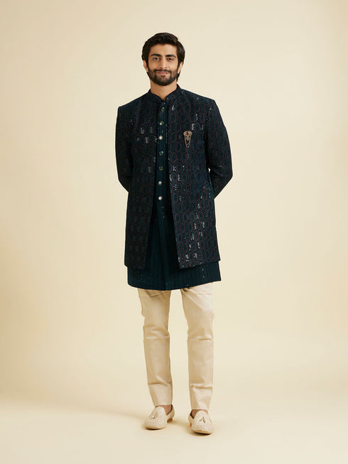 Manyavar Elegant Teal Green Velvet Indo Western