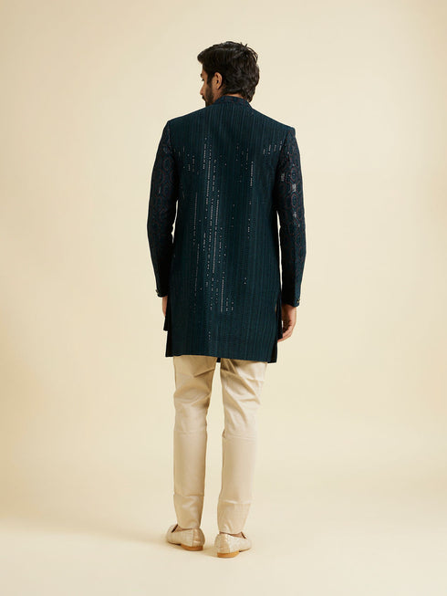 Manyavar Elegant Teal Green Velvet Indo Western