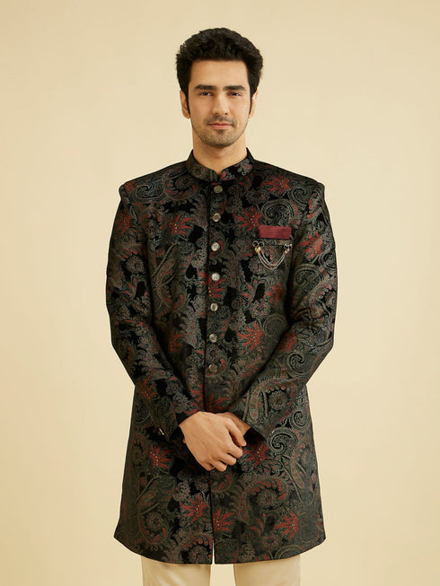 Manyavar Midnight Black Paisley Patterned Indo Western Set