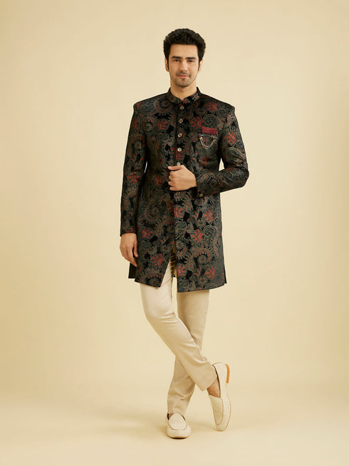 Manyavar Midnight Black Paisley Patterned Indo Western Set