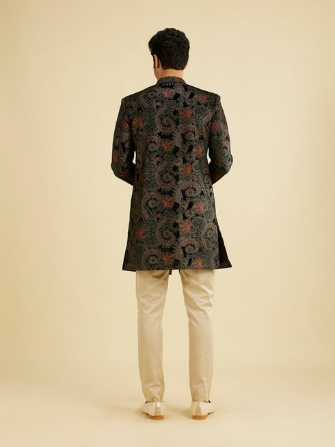Manyavar Midnight Black Paisley Patterned Indo Western Set