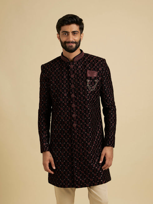 Manyavar Wine Red Floral Embroidered Indo Western Set with Rhinestone Work