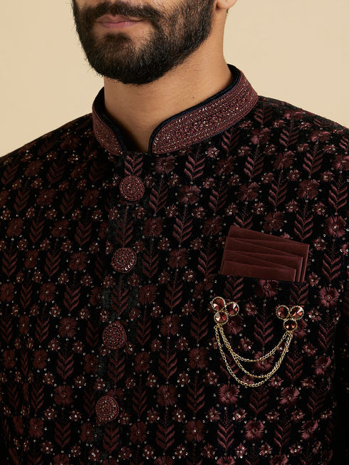 Manyavar Wine Red Floral Embroidered Indo Western Set with Rhinestone Work