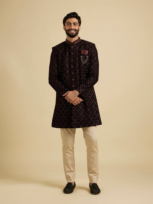 Manyavar Wine Red Floral Embroidered Indo Western Set with Rhinestone Work