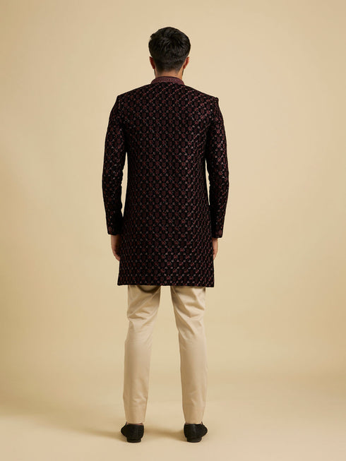 Manyavar Wine Red Floral Embroidered Indo Western Set with Rhinestone Work